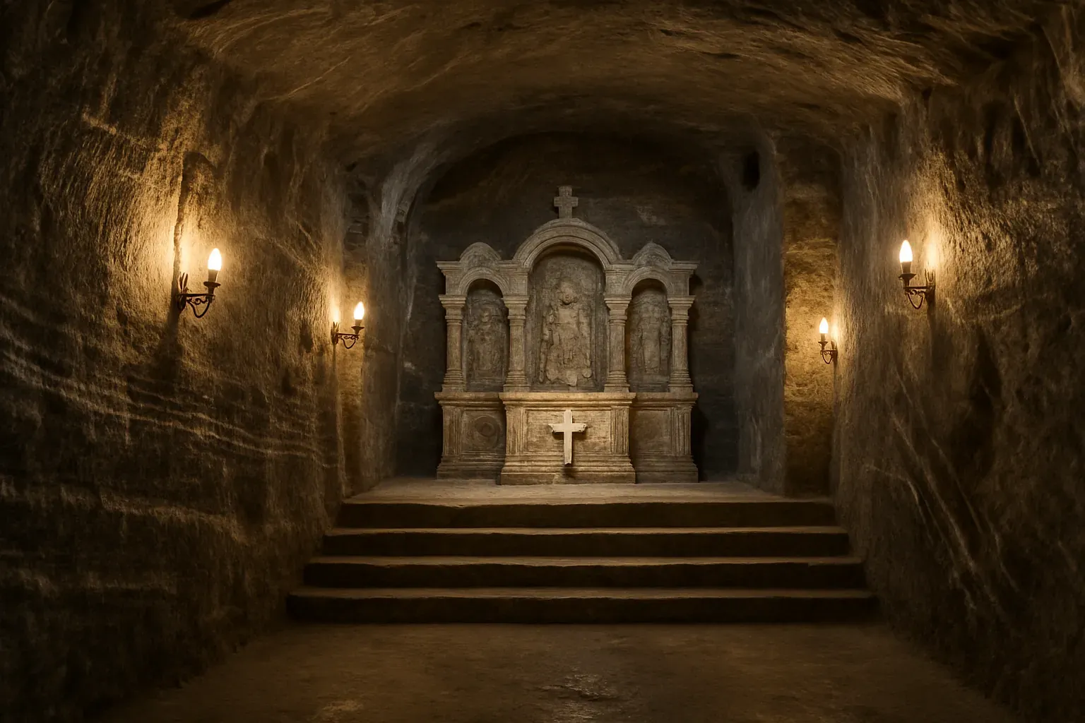 A chapel carved into salt, in an old salt mine, in warm light