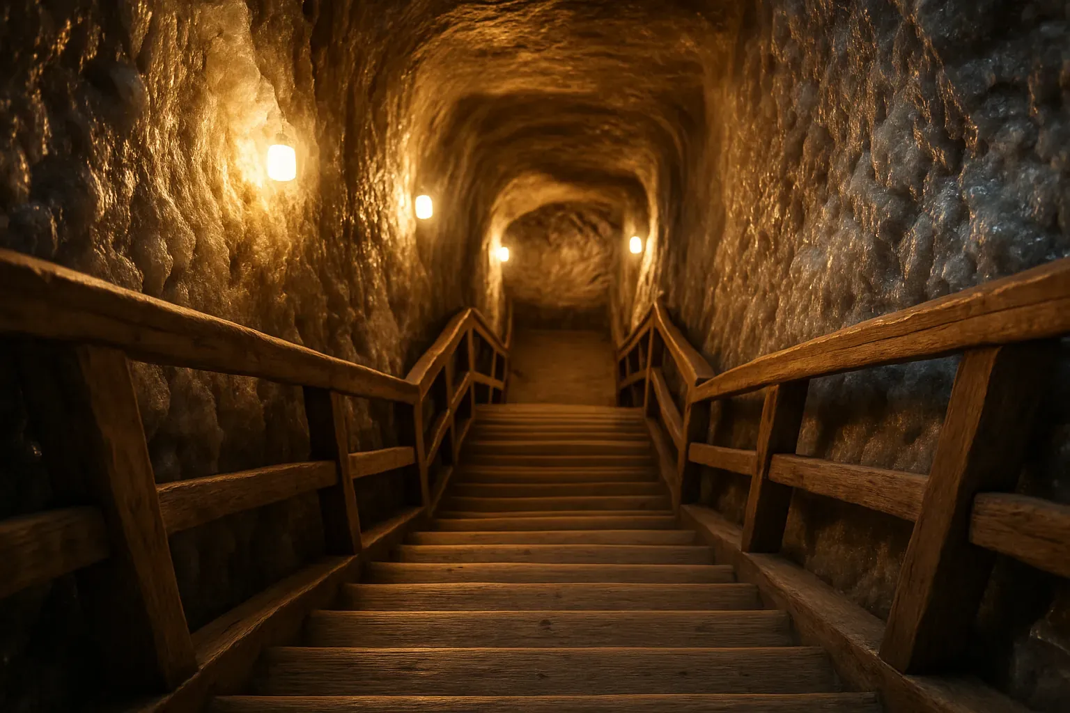 A wooden staircase going down into a salt mine, between walls of salt